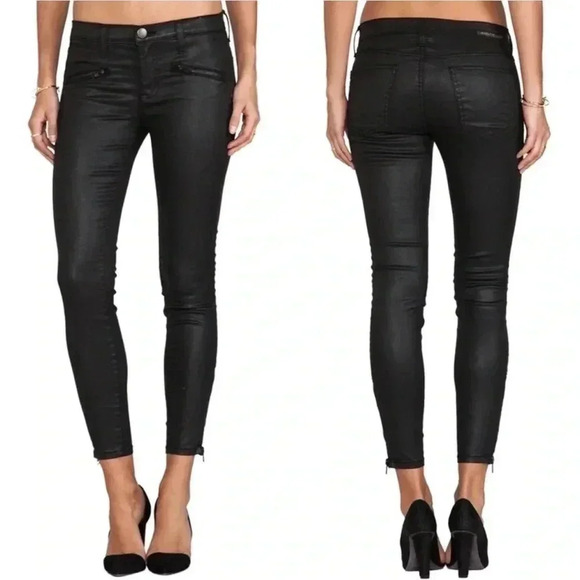 Current/Elliott The Soho Zip Stiletto Skinny Ankle Black Coated Jeans Size 24 - Picture 1 of 8
